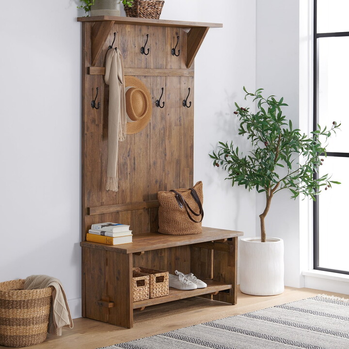 Alaterre Furniture Bethel 70 in. Acacia Wood Hall Tree with Bench, Storage Shelves & Metal Coat Hooks, Entryway Organizer for Mudroom, Hallway, or Kitchen, Natural