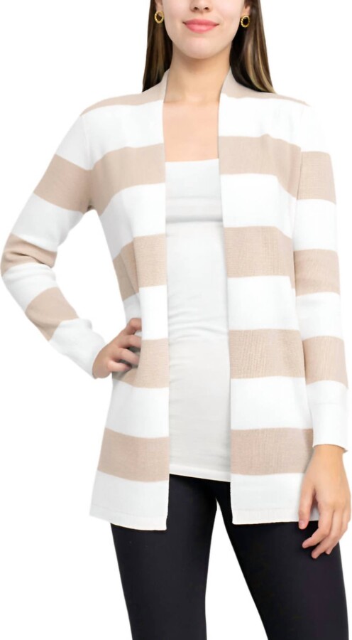 Cyrus Open Front Long Sleeve Stripe Pattern Knit Cardigan In Ecru White
