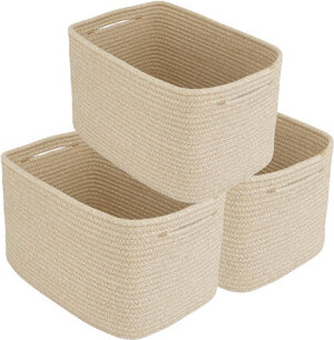 3-pack Rope Storage Baskets - Medium-large Rectangular Woven Cotton Baskets With Handles, Foldable Decorative Storage Bins For Toys, Books, Towels, Cl