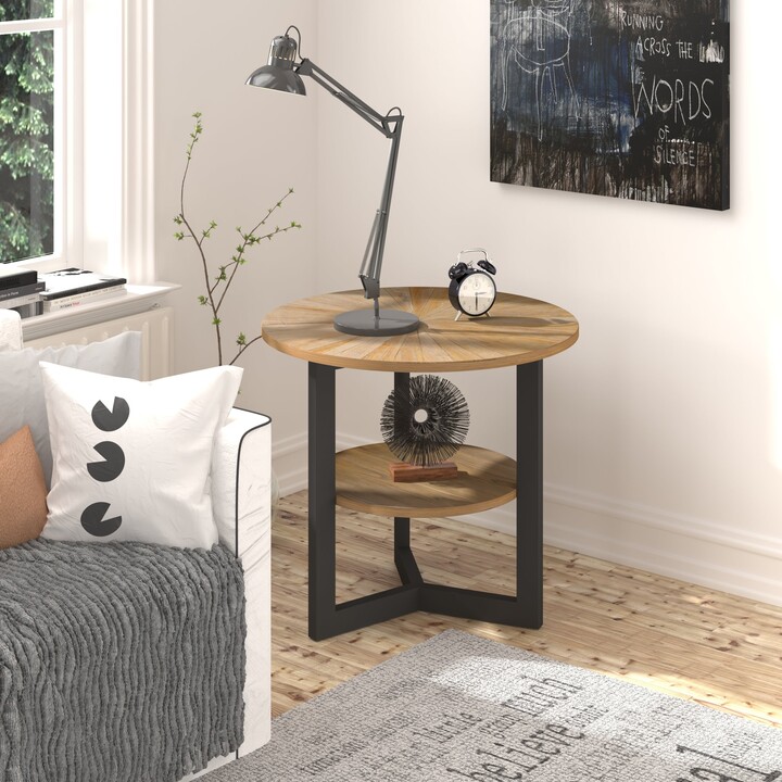 End Tables with Storage, Round Side Table with Steel Legs, Living Room