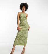 Thumbnail for your product : ASOS Tall ASOS DESIGN Tall embellished high neck midi dress with mirror beading detail in khaki