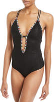 Thumbnail for your product : Missoni Mare Plunging Textured One-Piece Swimsuit with Multicolor Piping