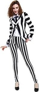 miccostumes Women's Black White Vertical Striped Horror Costume Blazer Legging Pants with Tie