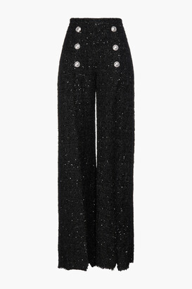Balmain Button-embellished metallic tweed wide-leg pants - ShopStyle