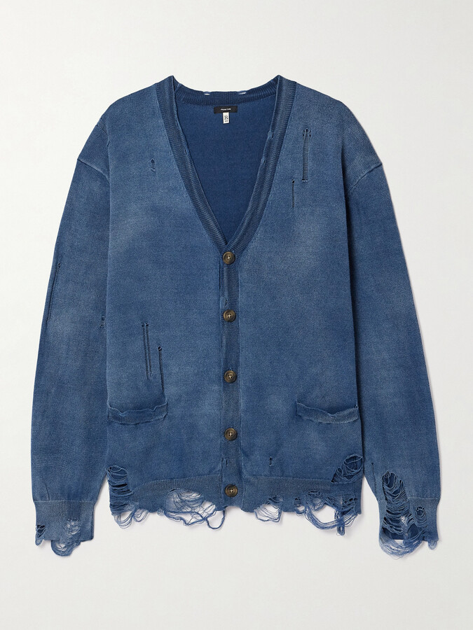 R 13 Distressed Cotton Cardigan - Blue