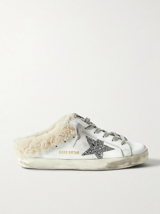 Golden Goose Superstar Sabot Shearling-lined Distressed Glittered Leather  Slip-on Sneakers - White - ShopStyle