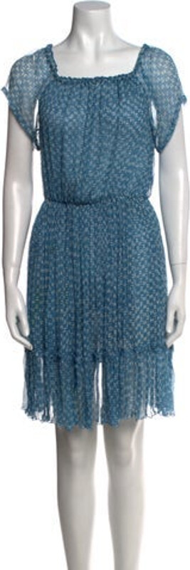 CLOE CASSANDRO Silk A-Line Dress Blue Printed Short Sleeve with Square Neckline