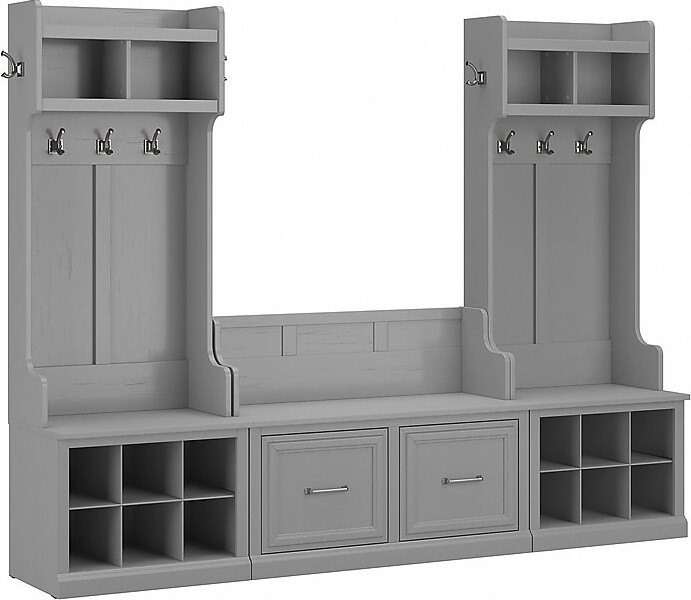 Bush Furniture Woodland Entryway Storage Set with Hall Trees and Shoe Bench with Doors, Cape Cod Gray (WDL011CG)