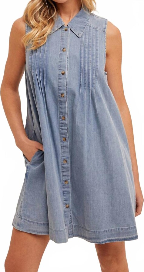 Hem & Thread Pleat Detail Collared Button Down Tencel Swing Dress In Denim
