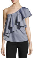 Thumbnail for your product : Milly Cascade One-Shoulder Cross-Dyed Italian Shirting Top