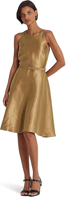 Lauren Ralph Lauren Metallic Twill Belted Cocktail Dress (New Bronze)  Women's Clothing - ShopStyle