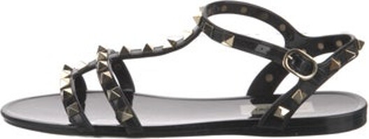 Valentino Rubber T-Strap Sandals Black Rockstud Accents Studded Accents Straps & Buckle Closure at Ankles Includes Box, Dust Bag & Additional Embellishments