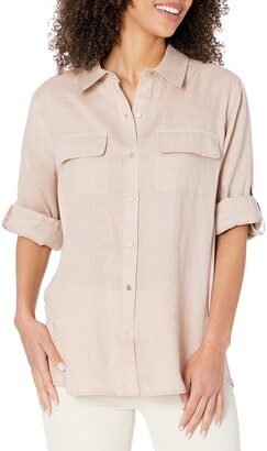 Calvin Klein Women's Plus-Size Modern Essential Linen Roll Sleeve Top with Inset
