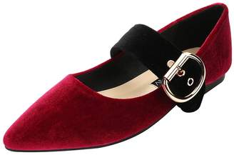 Jamron Women's Retro Style Pointed Toe Velvet Mary Janes Contrast Color Buckle Strap Ballet Flats Pumps Shoes SN02727 US9