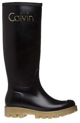 Calvin Klein New Womens Black Eliza Rubber Displaced Logo Boots Knee-High Pull