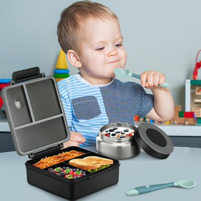 Bento Lunch Box With 8Oz Soup Thermo&Lunch Bag, Leak-Proof Lunch Food Containers With 4 Compartment, Hot Food Insulated Food Jar (Black)
