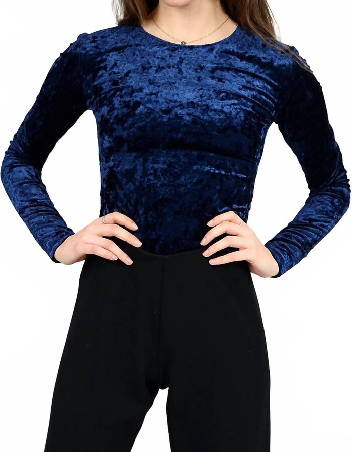 Crushed Velvet-High Crew Neck Bodysuit In Navy