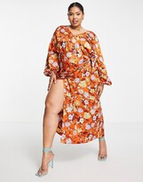Thumbnail for your product : ASOS Curve ASOS DESIGN Curve satin wrap maxi dress in 70s floral print