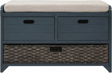 Rustic Storage Bench with Removable Basket and 2 Drawers, Fully Assembled Shoe Organizer with Cushion