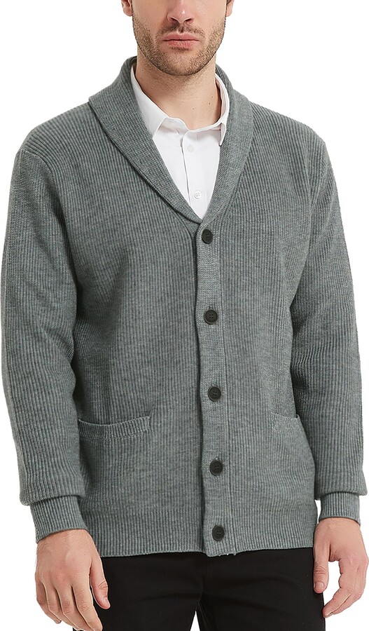Kallspin Men's Wool Blended Shawl Collar Button Cardigan Sweater with ...