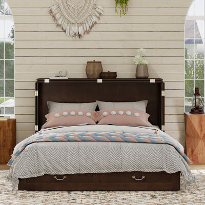 Latitude Run 100% Solid Wood Murphy Bed Chest With Drawers, Famhouse Style Murphy Bed Queen With Built-in Charger For Bedroom, Black
