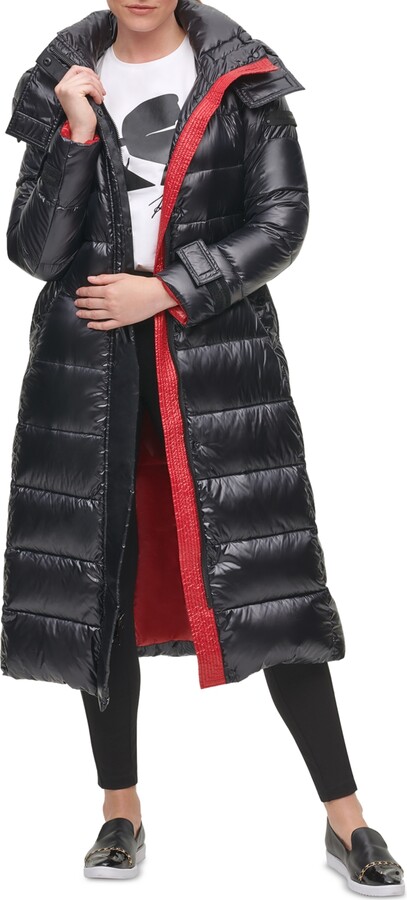 Karl Lagerfeld Paris Women's Belted Hooded Down Puffer Coat - ShopStyle