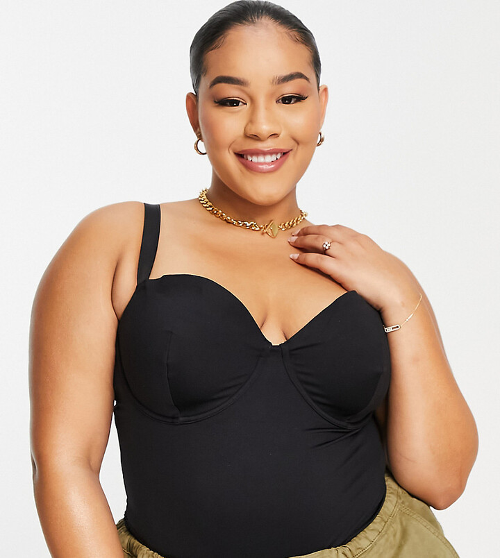 ASOS Curve ASOS DESIGN Curve Contouring medium control underwired bodysuit  with lace in black - ShopStyle