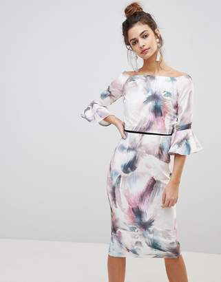 Little Mistress Watercolour Print Pencil Dress With Fluted Sleeves.
