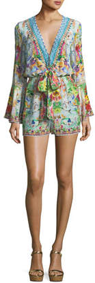 Camilla Bell-Sleeve Beaded Plunging Printed Silk Playsuit