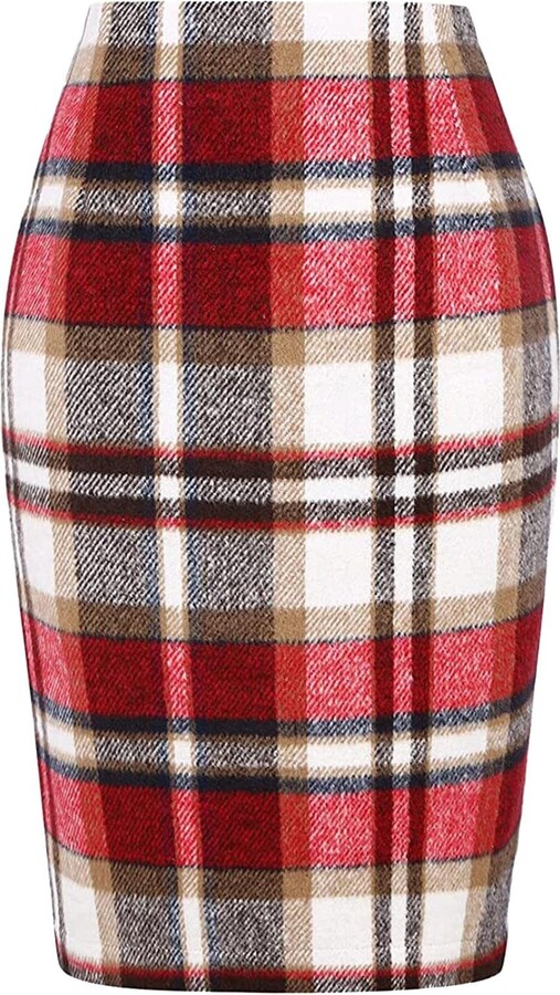 Generic 2024 Pencil Plaid Skirts for Women Fall Winter High Waisted