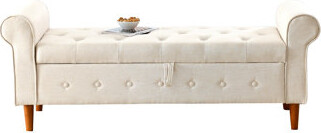 62" Bedroom Tufted Button Storage Bench, Modern Fabric Upholstered Ottoman, Window Bench, Rolled Arm Design For Bedroom, Living Room, Foyer (Beige)