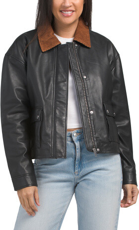 TJMAXX Genuine Leather Bomber With Corduroy Collar For Women, Polyester/Leather