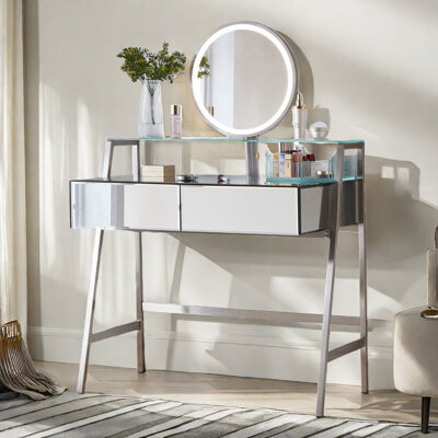 Makeup Vanity Desk With Lighted Mirror, 2 Drawers, A Open Shelf, Storage Boxes And Charging Station