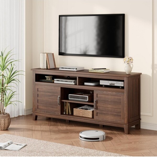 GustoWaveModernTVStandfor65InchTVwith8StorageCompartments&AdjustableShelvesforLivingRoomBedroomBrown