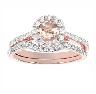JCPenney MODERN BRIDE Blooming Bridal Genuine Morganite and Diamond 14K Rose Gold Bridal Ring Set