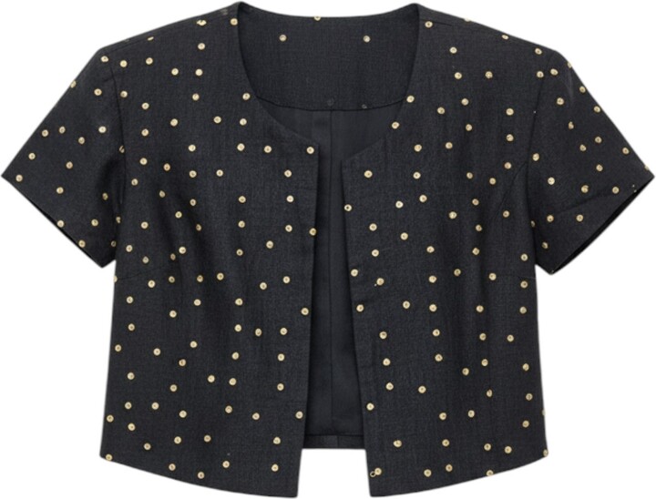 Stovaria Gold / Black Linen Cropped Coat With Pearl Hand Embroidery - Bolero Statement Jacket