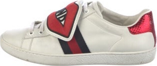 Gucci Leather Low Top Sneakers White Sylvie Web Accent Rubber Trim Round-Toes with Embroidered Accent Lace-Up Closure at Uppers Designer