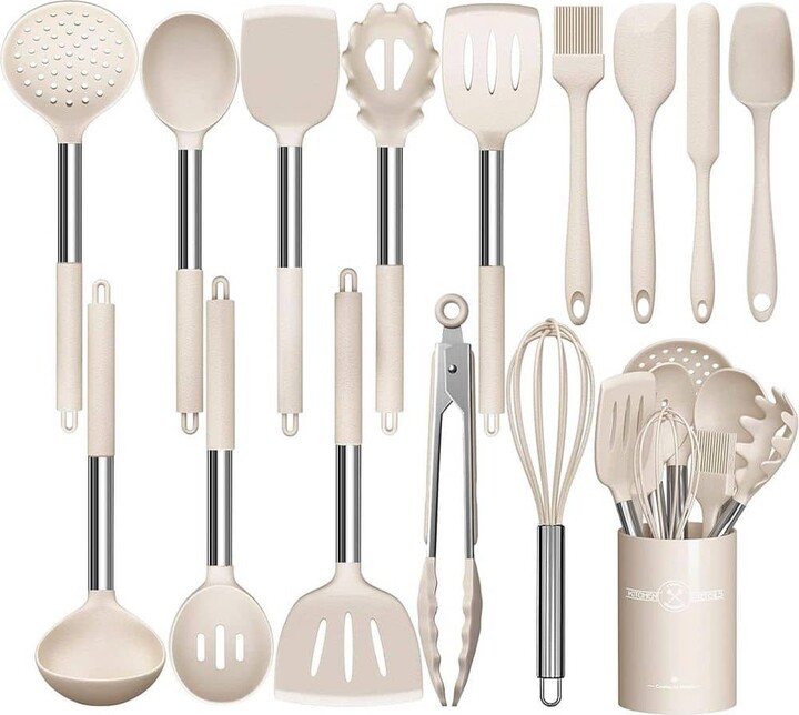 Wudkey 15-Piece Silicone Cooking Kitchen Utensils Set, Non-Stick Kitchen Cookware with Stainless Steel Handle, Khaki