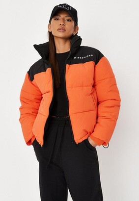 Missguided Orange Colorblock Puffer Coat - ShopStyle