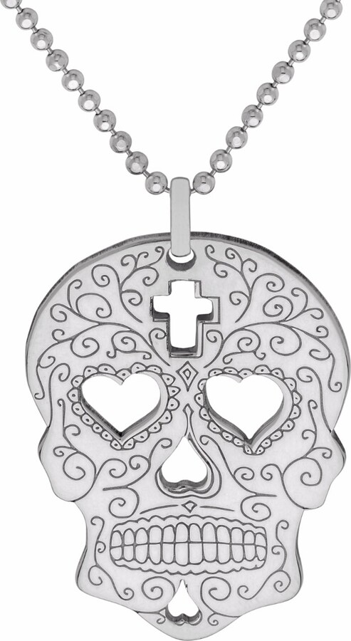 Cartergore Medium Silver Sugar Skull With Heart Eyes Pendant Necklace