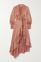 Thumbnail for your product : Zimmermann Asymmetric Ruffled Silk-satin Wrap Midi Dress - Tan