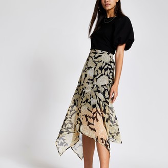River Island Womens Black floral asymmetric hem midi skirt