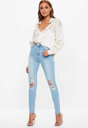 Missguided Light Blue Distressed Knee High Waisted Skinny Jeans