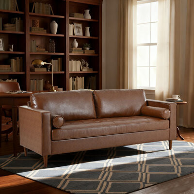 George Oliver Mid-Century Modern Faux Leather Reception Sofa with Solid Wood Legs Tufted Upholstery for Living Room Office