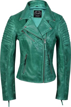 Xposed Ladies Women Vintage Style Soft Washed Real Leather Biker Jacket Slim Fit Size [Deep Purple