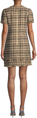 Kate Spade Bicolor Tweed Crewneck Short-Sleeve Mini Dress w/ Fringe Trim