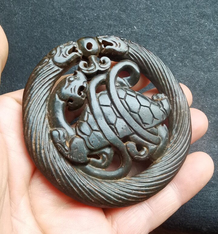 Etsy Dragon Tortoise Carving Black Brown Jade Stone Pendant, Double Face Jade, Good Lucky, Circle Amulet Mythical Animal For Making Necklace Jewelry