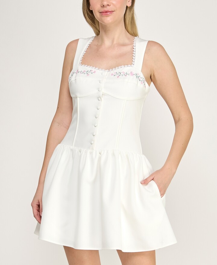 Rare Women's Square Neck Embroidered Mini Dress