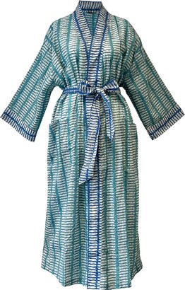 Lime Tree Design - Turquoise And Blue Fish Cotton Full Length Kimono