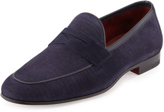 Magnanni Faux-Lizard Suede Penny Loafer, Navy